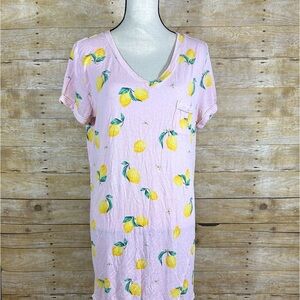 Honeydew Pink Lemon Print Nightgown M Short Sleeve V Neck Stretch Sleep Shirt
